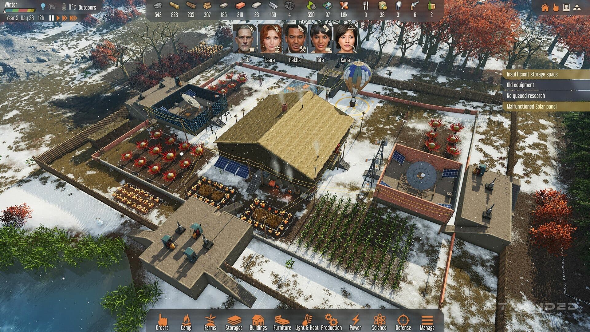 Stranded: Alien Dawn winter colony with five survivor portraits, crop plots and native warnings for storage, equipment, research and a solar panel.