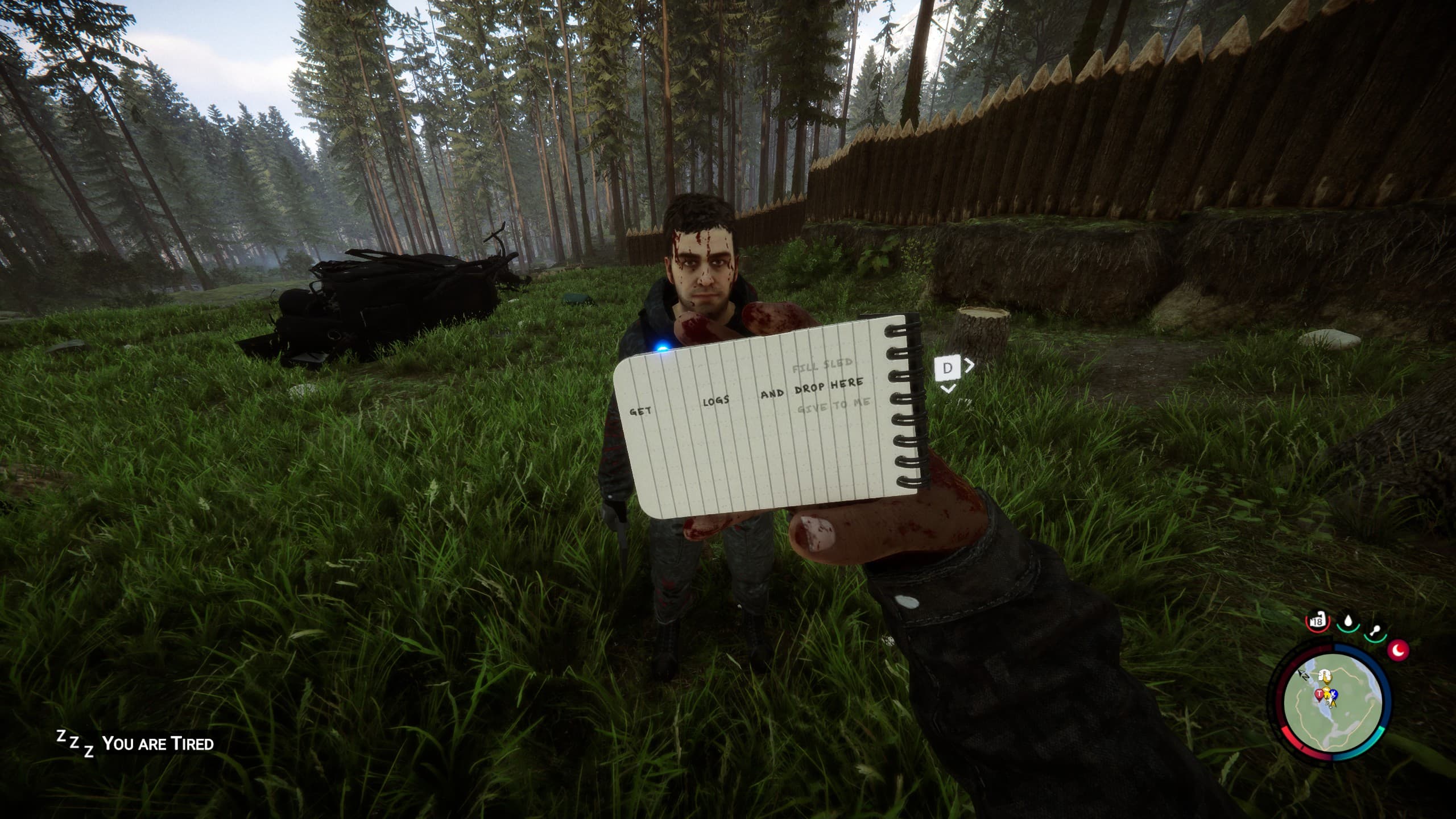 Kelvin faces the player’s notepad instruction to collect logs and drop them nearby, with a wooden defensive wall and the survival HUD visible.