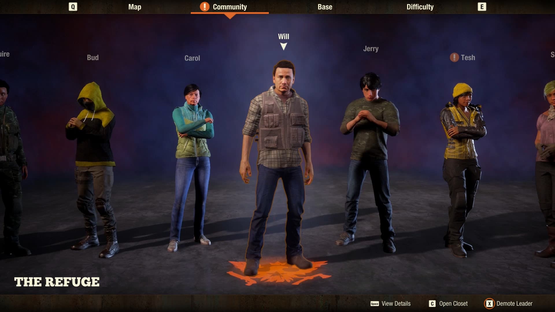 State of Decay 2’s Community screen displays the named survivors of The Refuge, with Will selected.