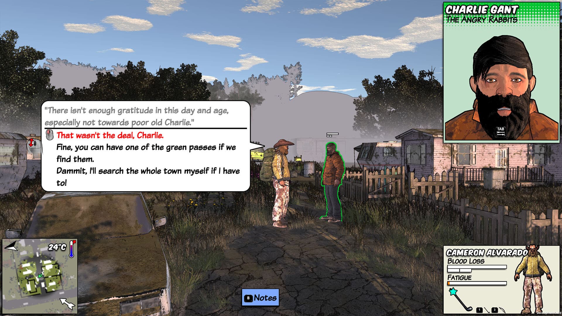Three replies appear during a conversation with Charlie Gant in Survivalist: Invisible Strain, with the native character portrait and survival HUD.