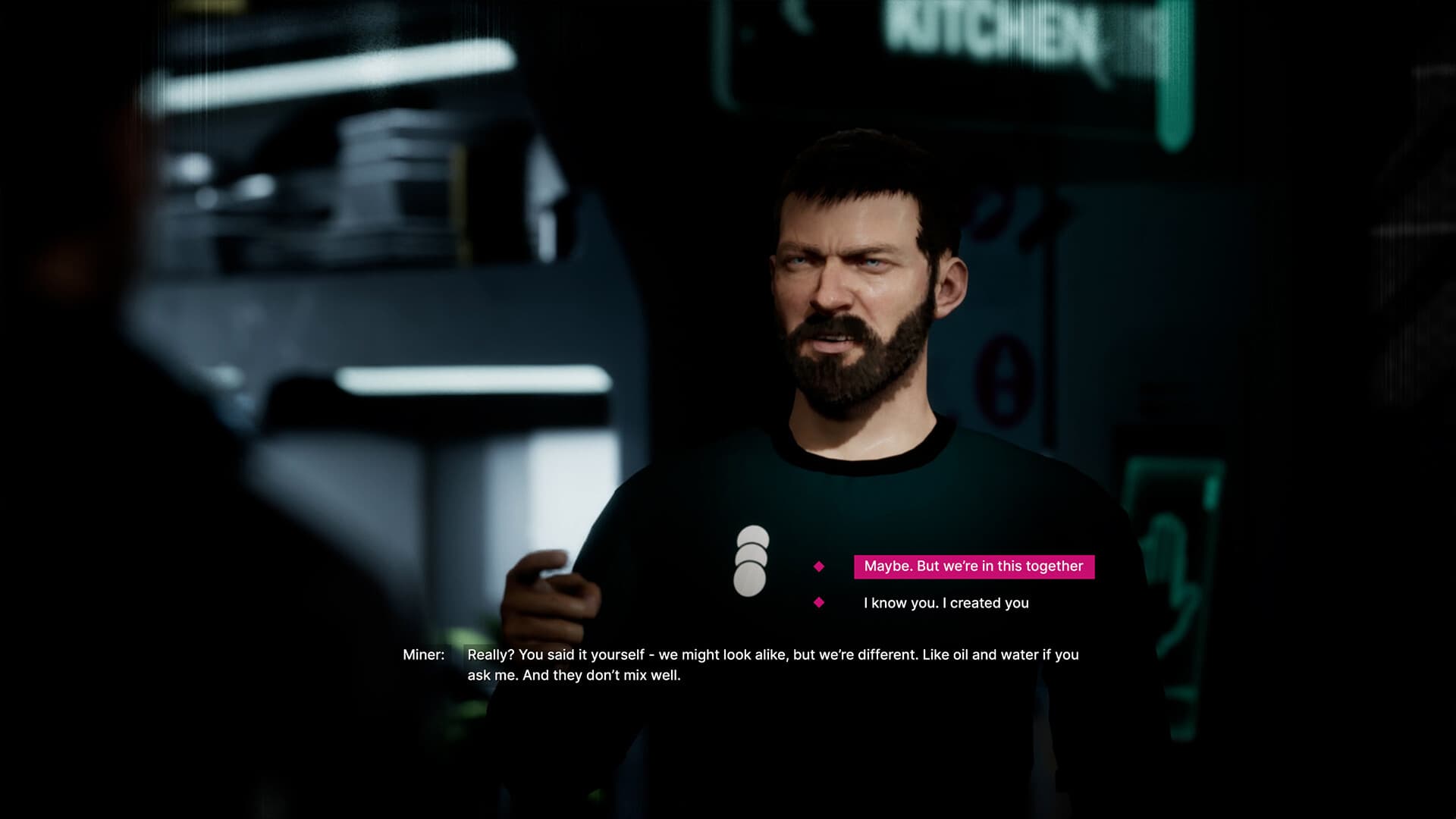Jan Miner speaks inside the mobile base while two reply choices appear in The Alters.