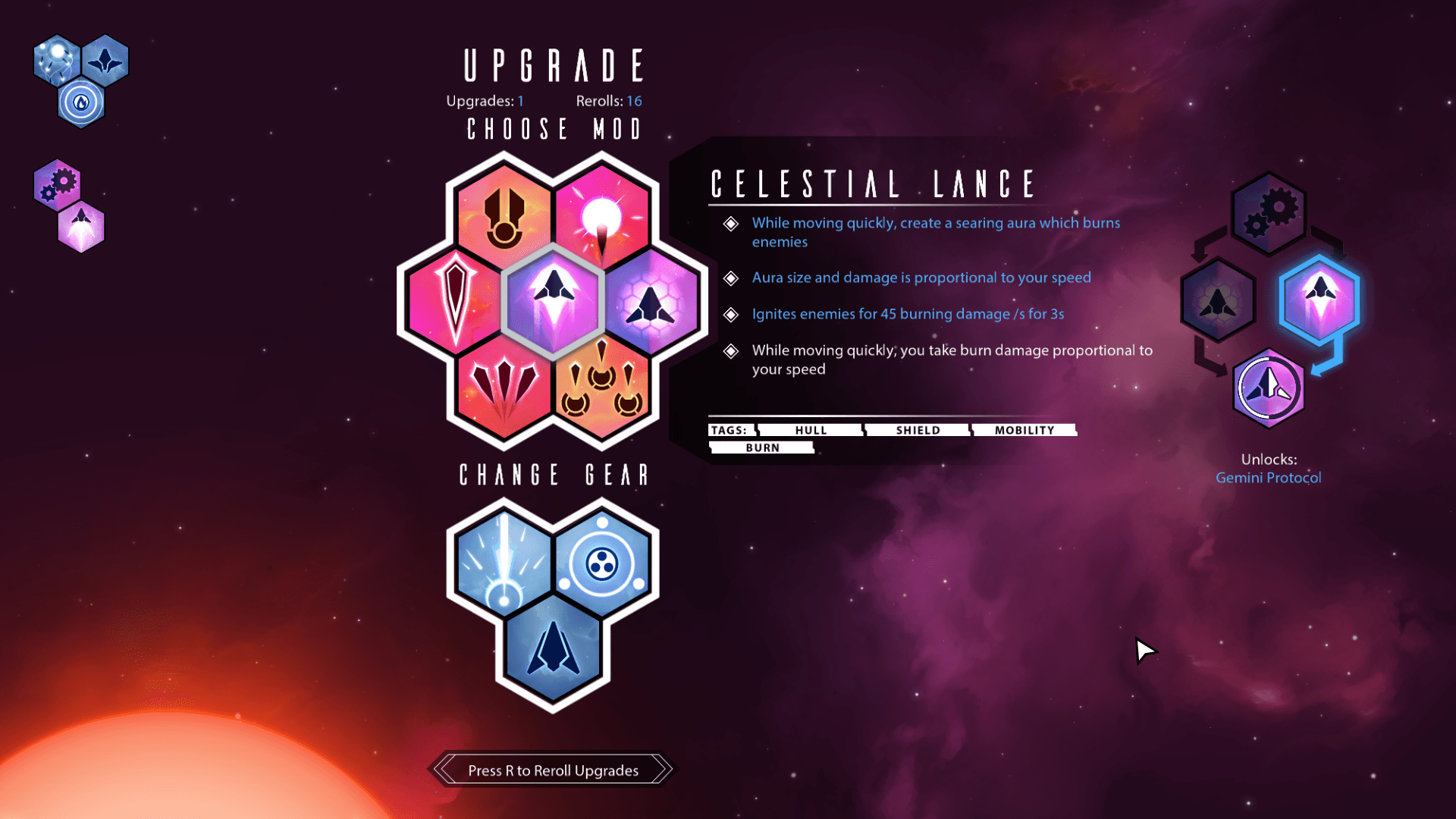 Das native Upgrade-Menü von Nova Drift zeigt Celestial Lance, seine bewegungsabhängigen Schadenseffekte und einen verbundenen Modulbaum.
