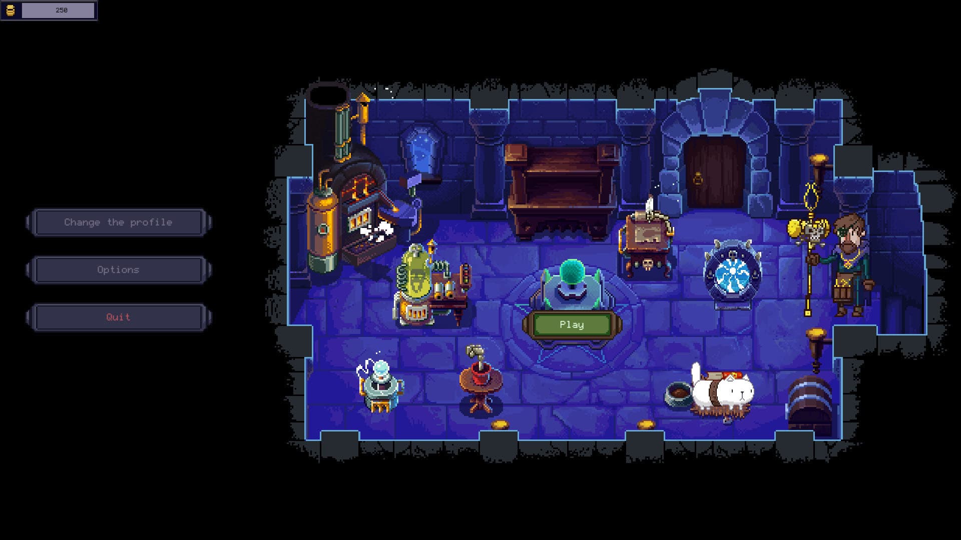 Turm-Hub-Menü in Necrosmith mit magischen Geräten, einer ruhenden weißen Katze und zentraler Play-Schaltfläche.