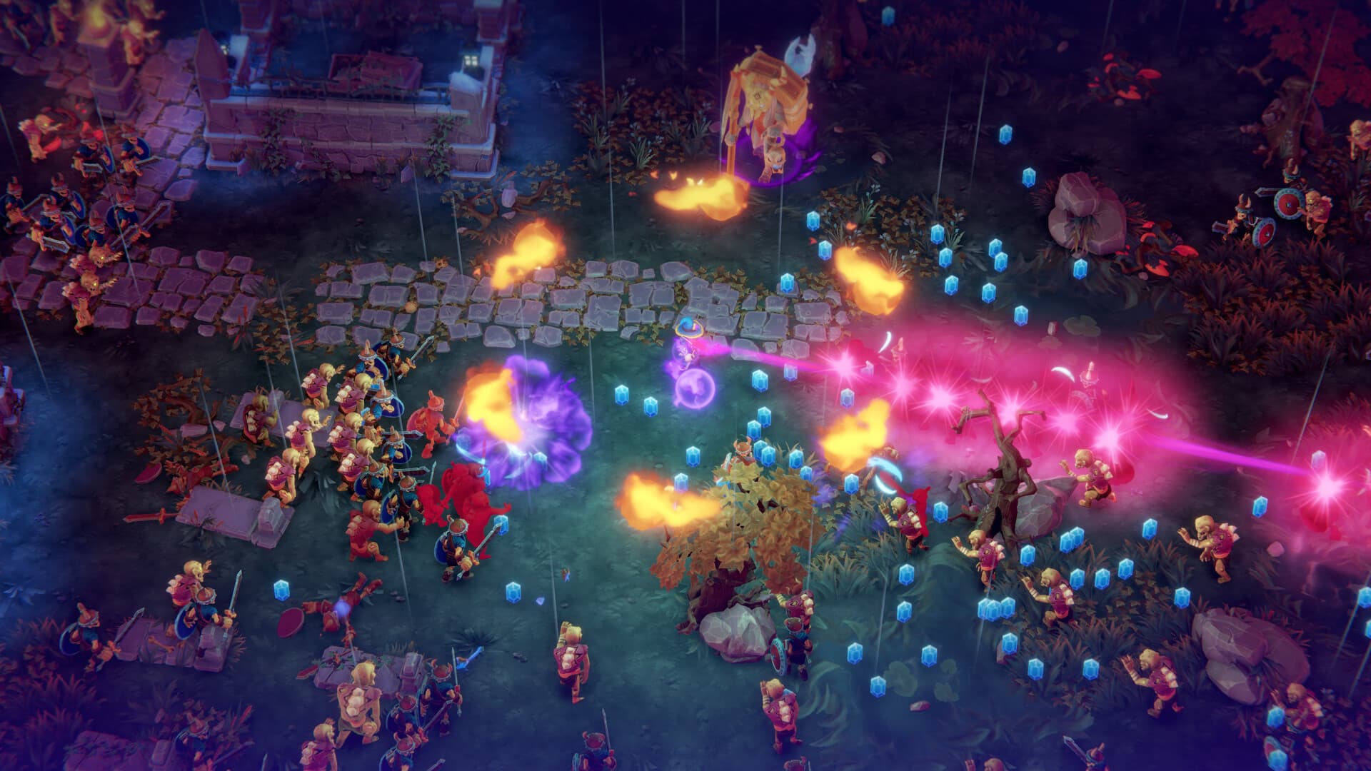 Ein Held in Robe schickt in Army of Ruin rosa Strahlen durch Skelette, während orangefarbenes Feuer und blaue Erfahrungskristalle einen verfallenen Friedhof füllen.
