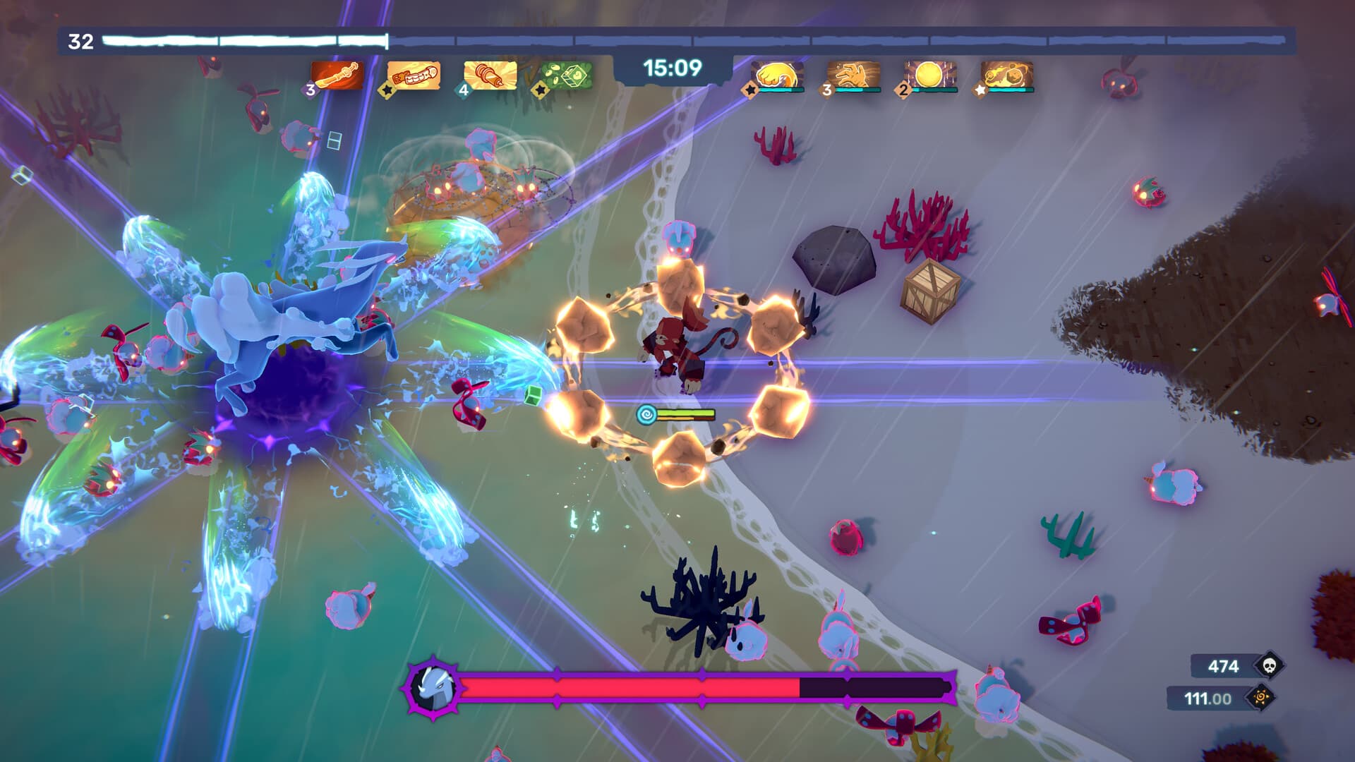 Ein rotes Temtem, umgeben von leuchtenden Steinen, steht in Temtem: Swarm einem großen blauen Boss und radialen Wasserangriffen am Strand gegenüber.