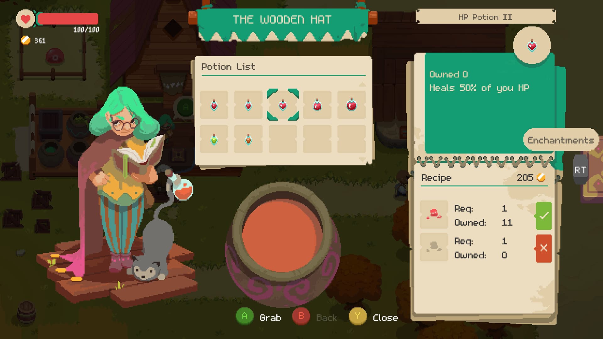 El menú de pociones de Wooden Hat en Moonlighter muestra HP Potion II, un coste en oro y dos requisitos de materiales con las cantidades disponibles.