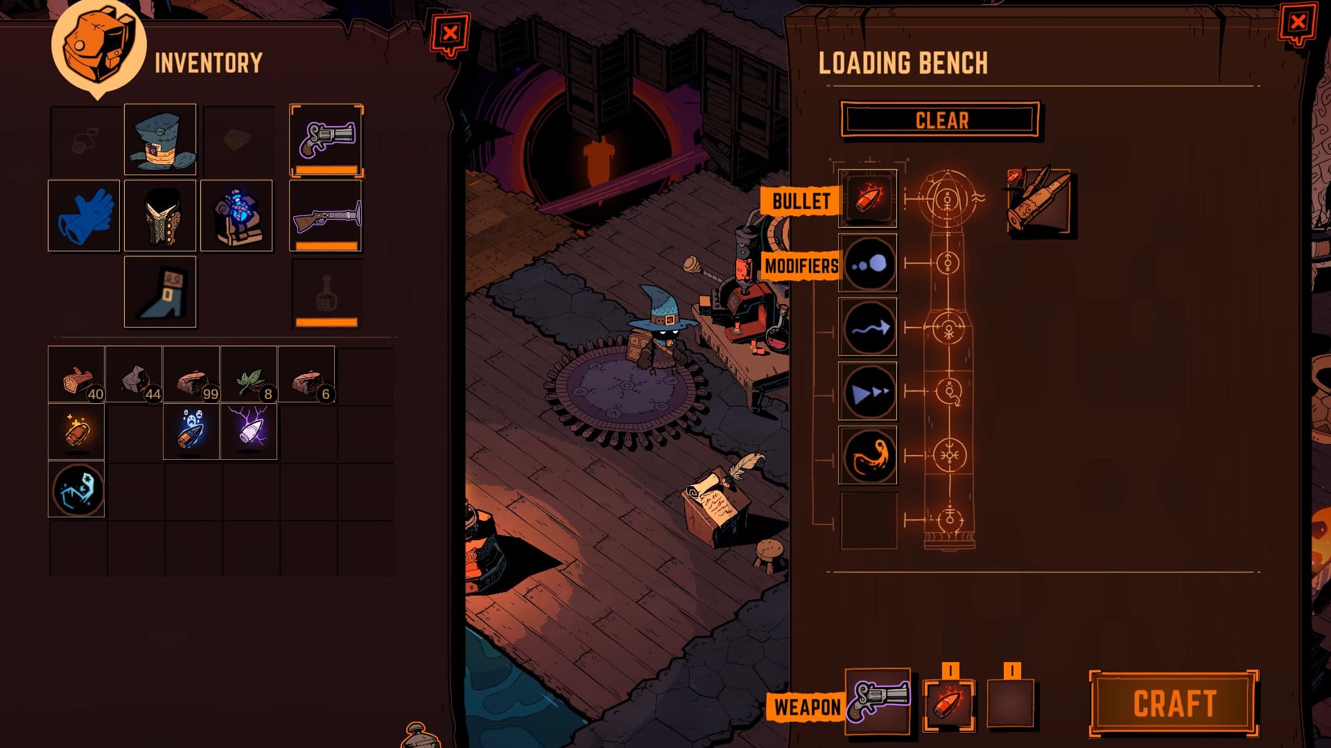 Banco de carga de Wizard with a Gun con una bala seleccionada, espacios de modificadores, un revólver y el botón Craft junto al inventario.