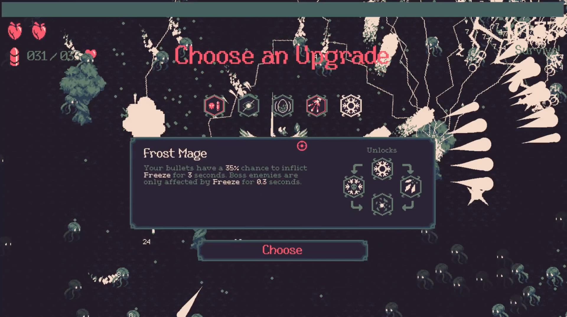 Der Stufenaufstiegsbildschirm von 20 Minutes Till Dawn zeigt Frost Mage und die damit verbundenen Upgrade-Wege.