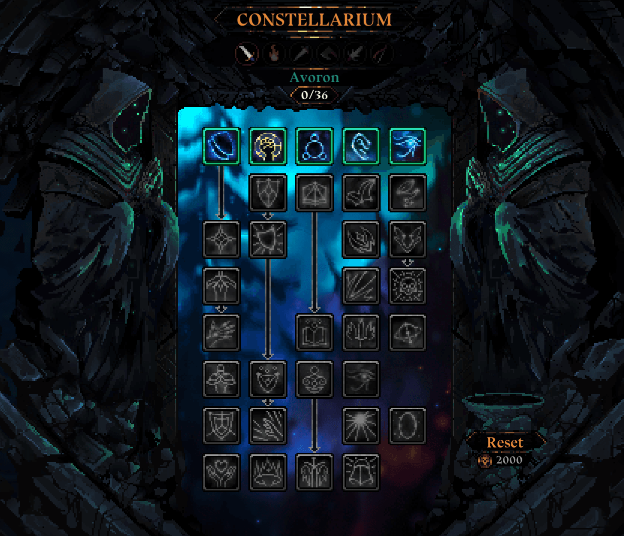 Avorons Constellarium-Oberfläche in Death Must Die zeigt verbundene Talentwege und eine Option zum Zurücksetzen.
