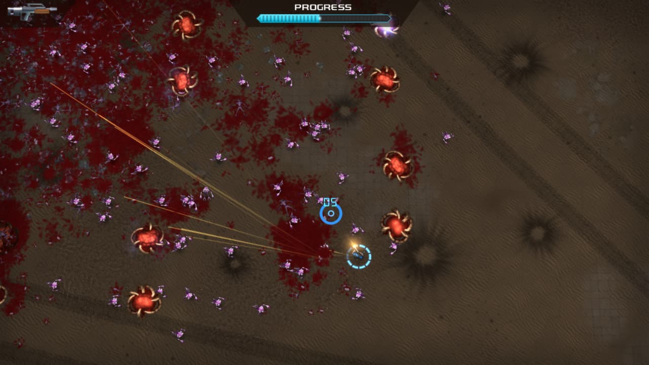 Ein Überlebender in Crimsonland feuert gelbe Leuchtspuren in eine große Monstermenge; Zielmarkierung, Munition und Fortschrittsbalken sind sichtbar.