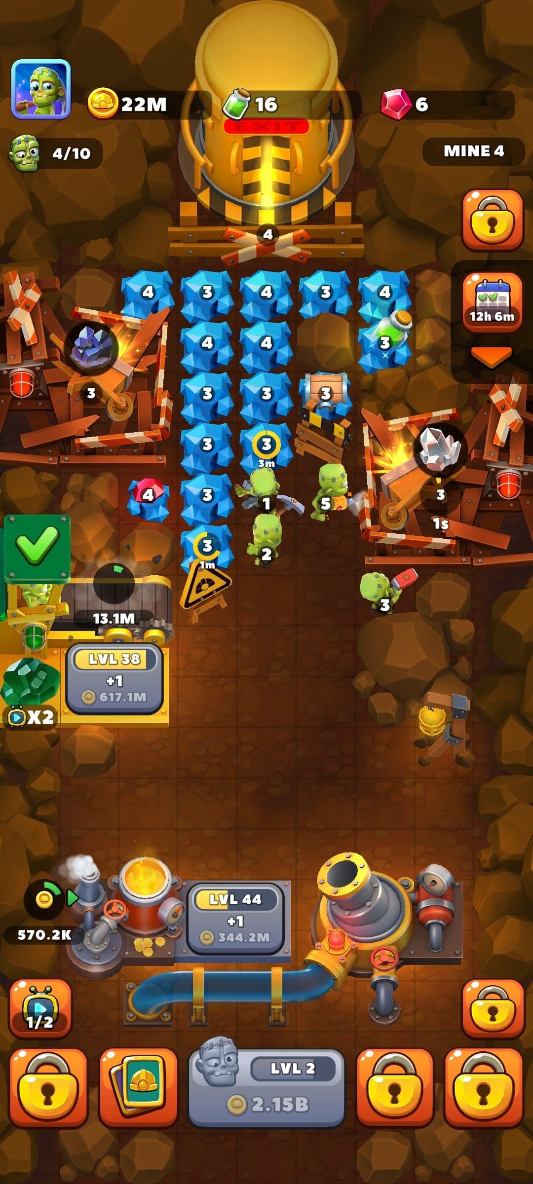 Android-Minenverwaltung in Idle Zombie Miner mit vier Zombie-Arbeitern, Kristallhindernissen, Abbau-Timern sowie Verbesserungsfenstern für Schächte und Gießerei.