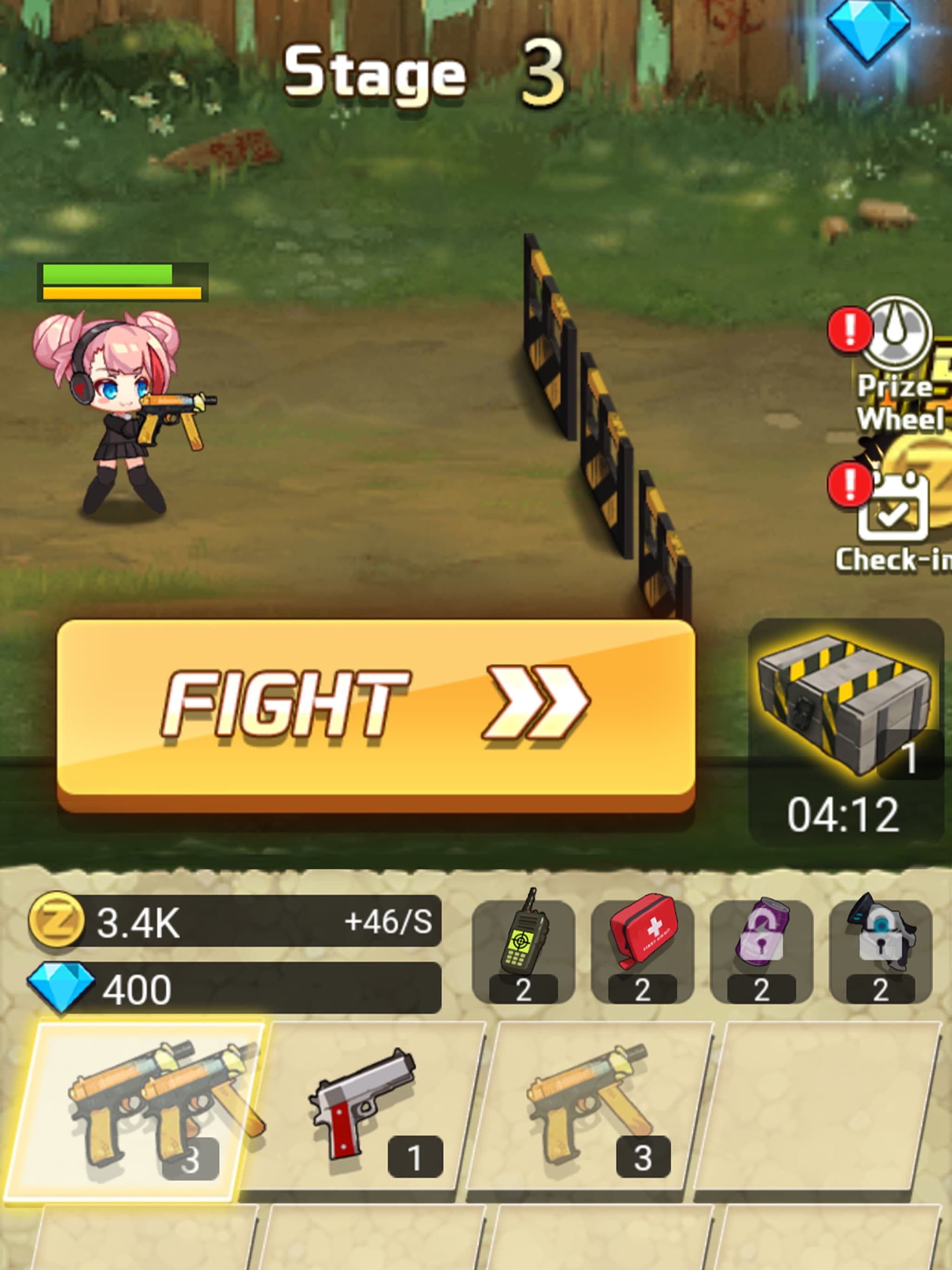 iOS-Vorbereitungsbildschirm von Merge Rush Z in Etappe 3 mit Münzeinkommen, einer Truhe mit Timer und nummerierten Waffen auf dem Kombinationsbrett.