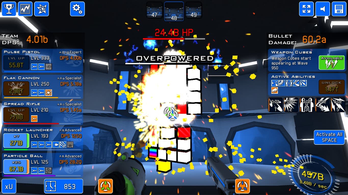 Captura de Time Clickers de un jugador, con dos armas de clics, un objetivo de bloques, cinco paneles de mejora de compañeros y habilidades activas.