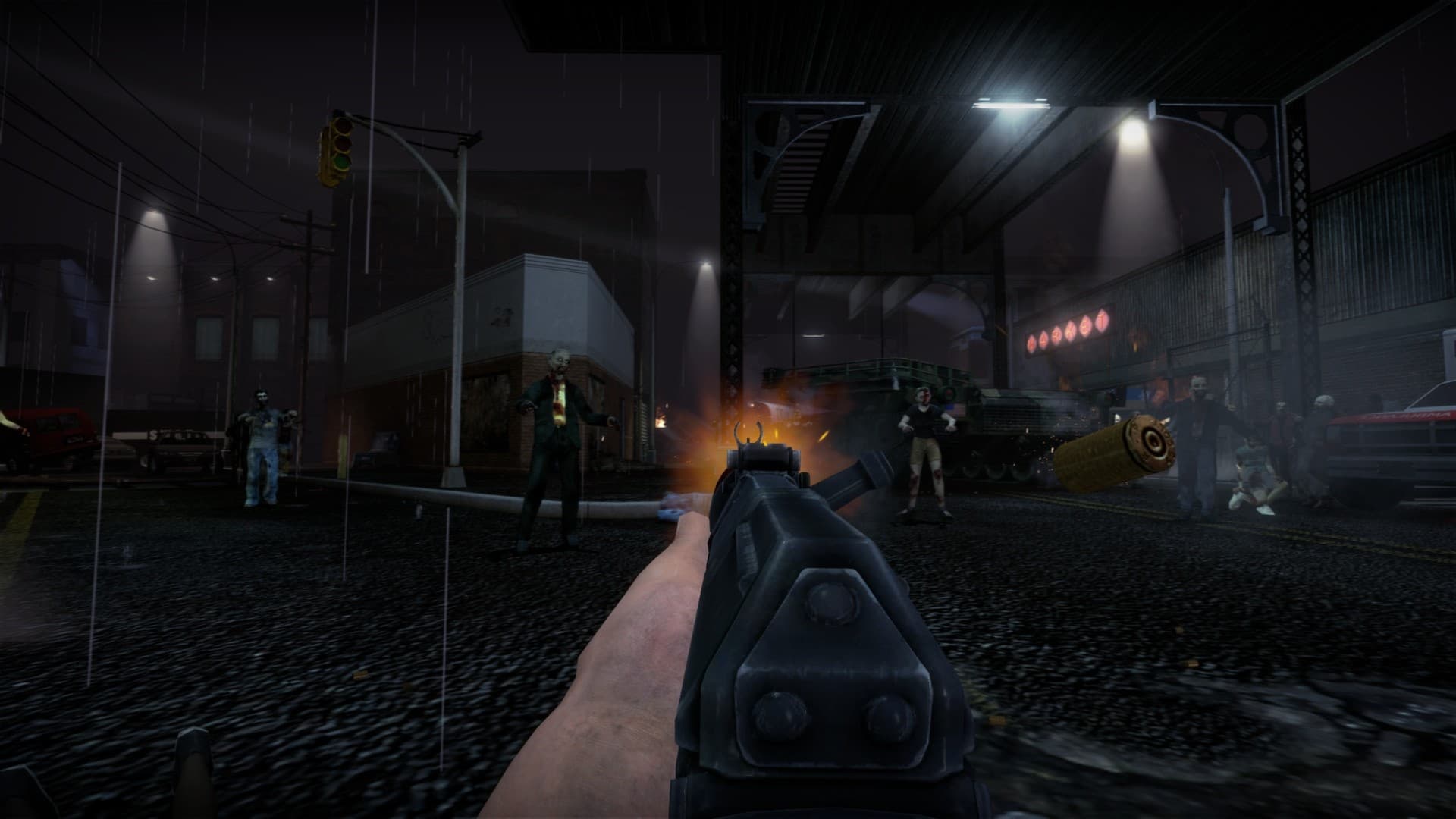 Un arma dispara en primera persona hacia zombis en una calle de No More Room in Hell empapada por la lluvia.
