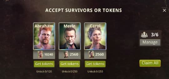 Un ejemplo oficial de la interfaz de No Man’s Land muestra fichas de Abraham, Merle y Carol, contadores de desbloqueo y un botón para recogerlo todo.