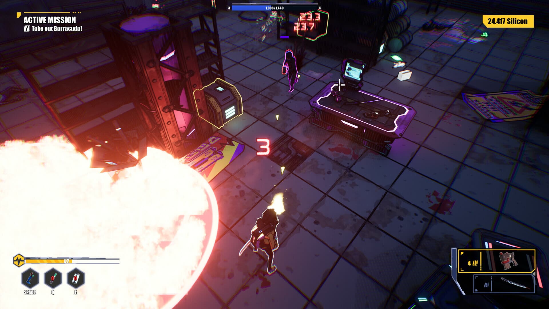 Eine Figur in Shell Runner schießt in einem neonbeleuchteten Innenraum neben einer Explosion; Missionsziel, Gesundheit und Munitions-HUD sind sichtbar.