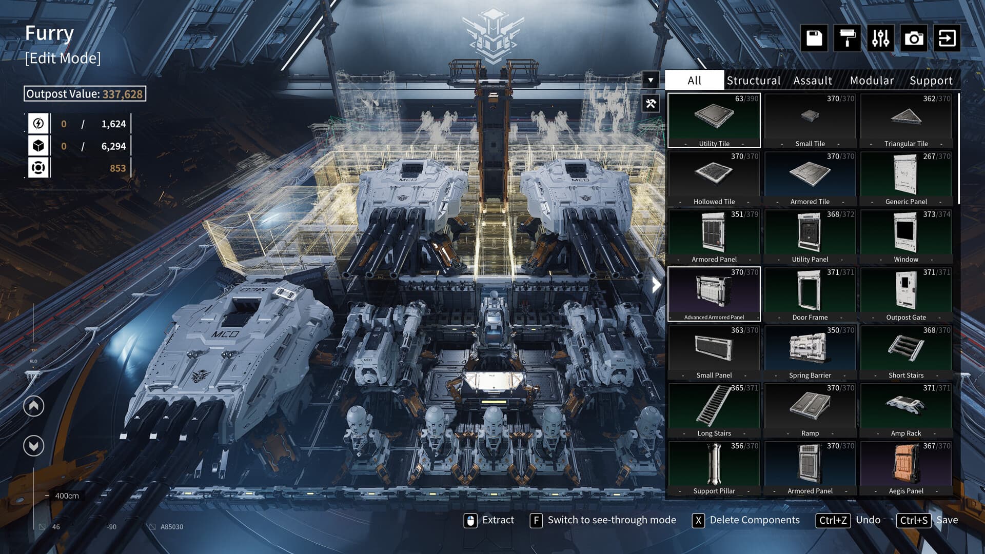 Outpost Infinity Siege Edit Mode showing a turret-filled fortress and a catalogue of tiles, panels, stairs and support components