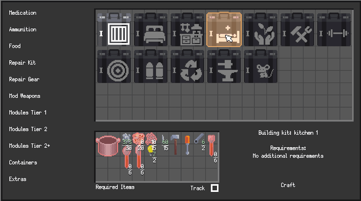ZERO Sievert crafting interface with the Kitchen 1 building kit selected, required materials and a Track checkbox