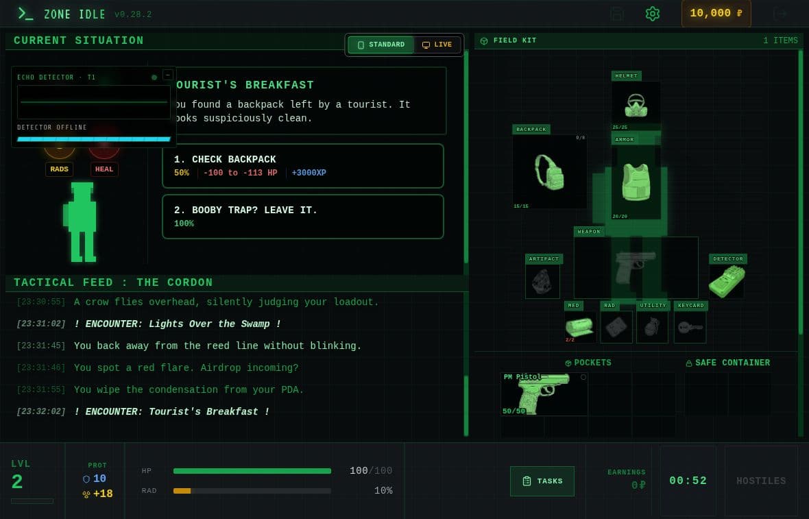 Zone Idle in Web-Version 0.28.2 mit einer riskanten Rucksackbegegnung, Ausrüstungsplätzen, Gesundheit, Strahlung und Raid-Timer.