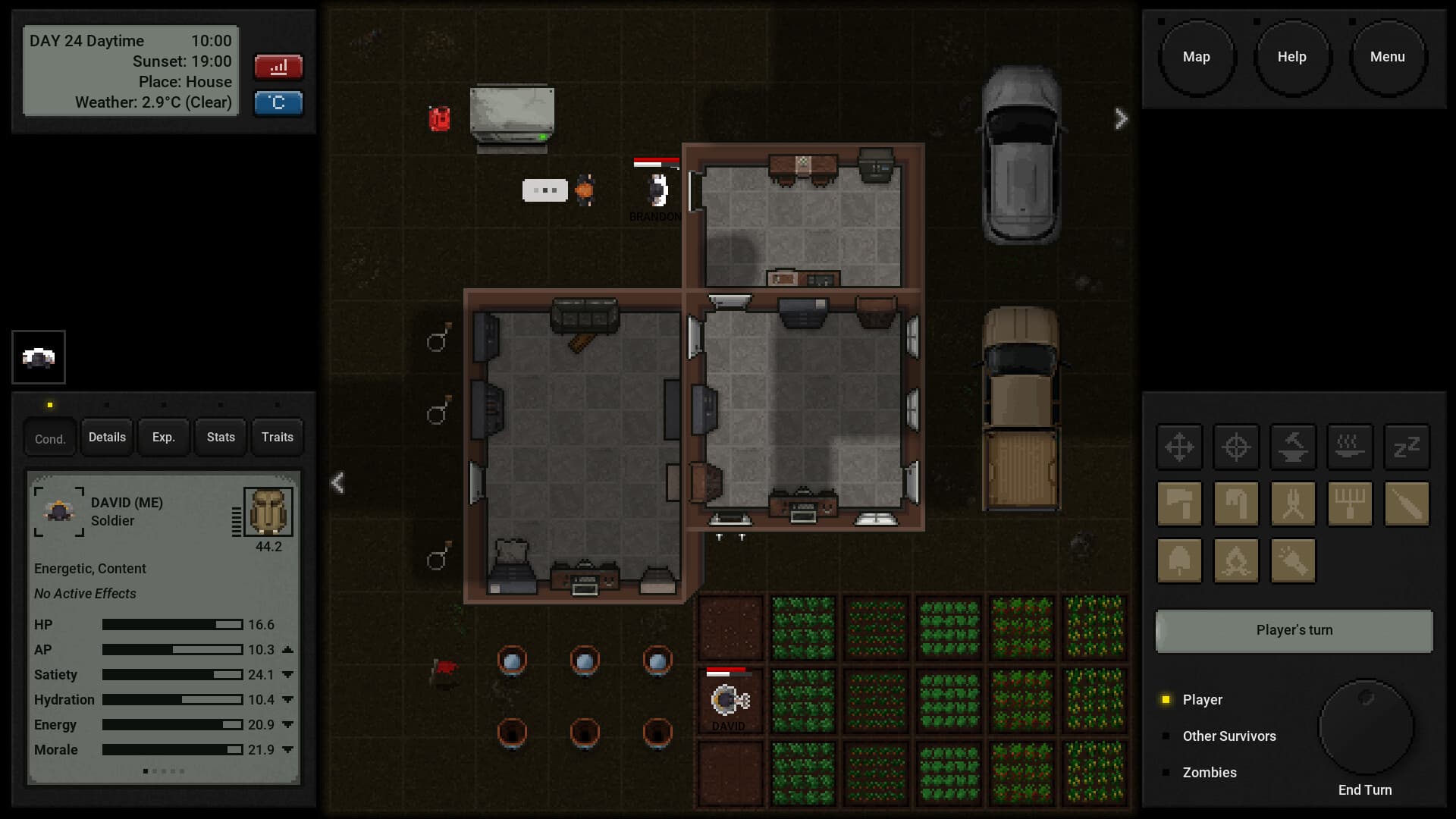 Terminus shows a survivor beside planted garden beds and a house, with action points, hunger, hydration and energy visible in the interface.