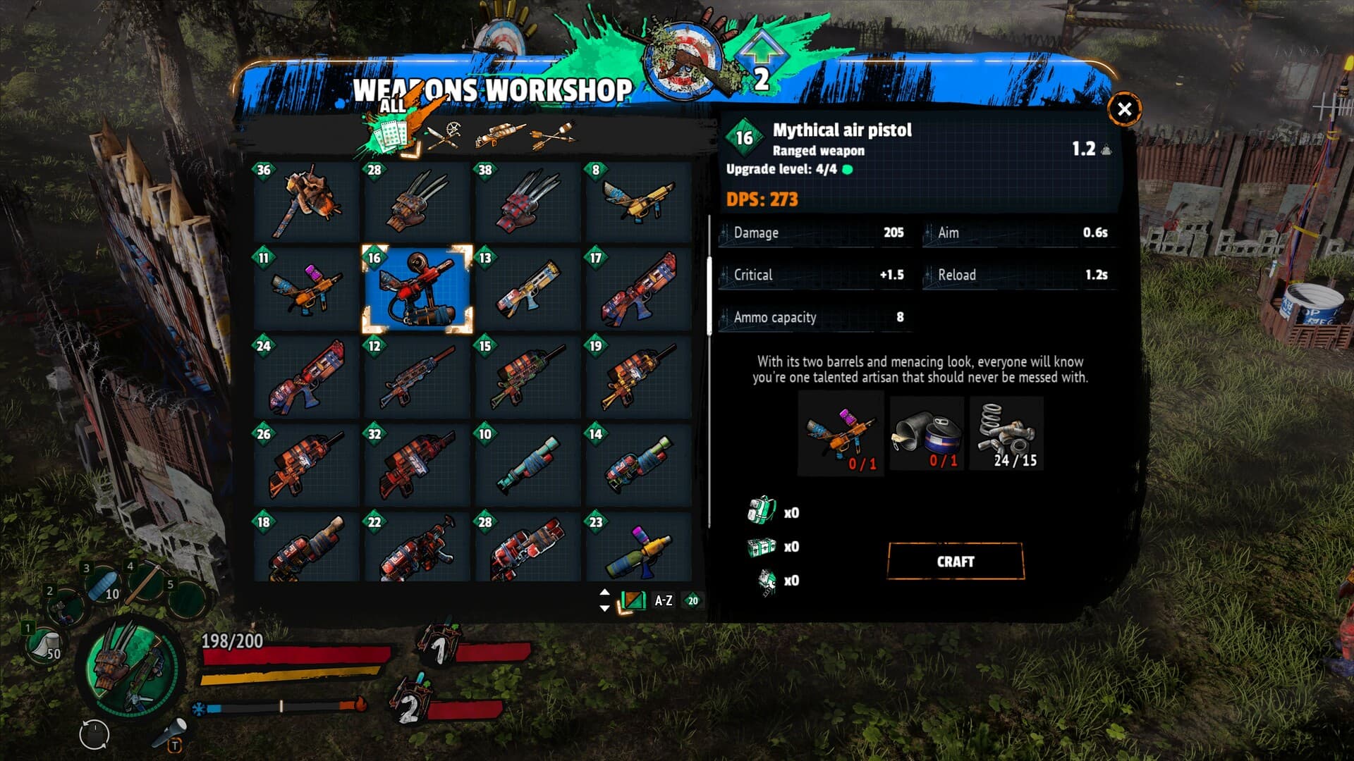 El taller de armas de Welcome to ParadiZe muestra una pistola de aire de categoría Mythical y los componentes necesarios para fabricarla.