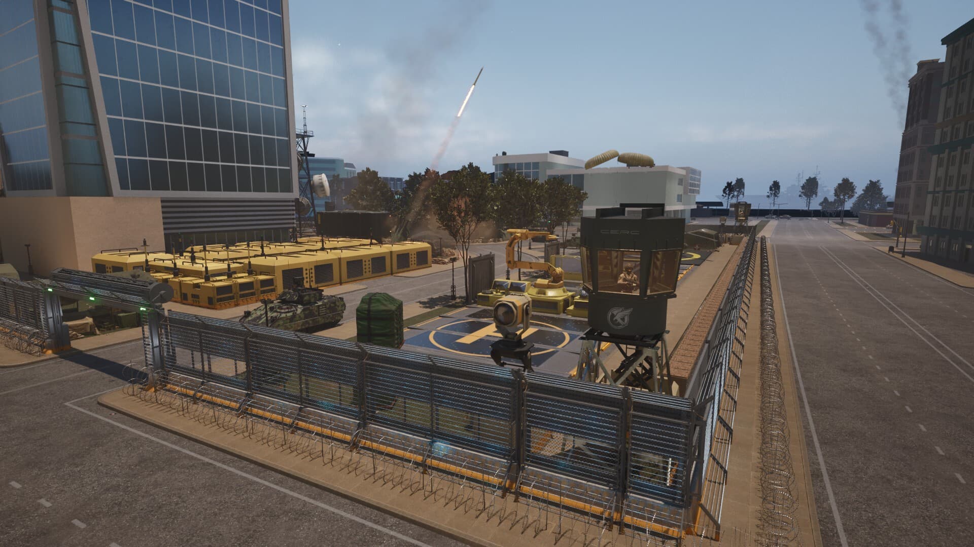Militärgelände in Cepheus Protocol mit Zäunen, Wachturm, Generatoren, gepanzertem Fahrzeug und markierten Landeplätzen.
