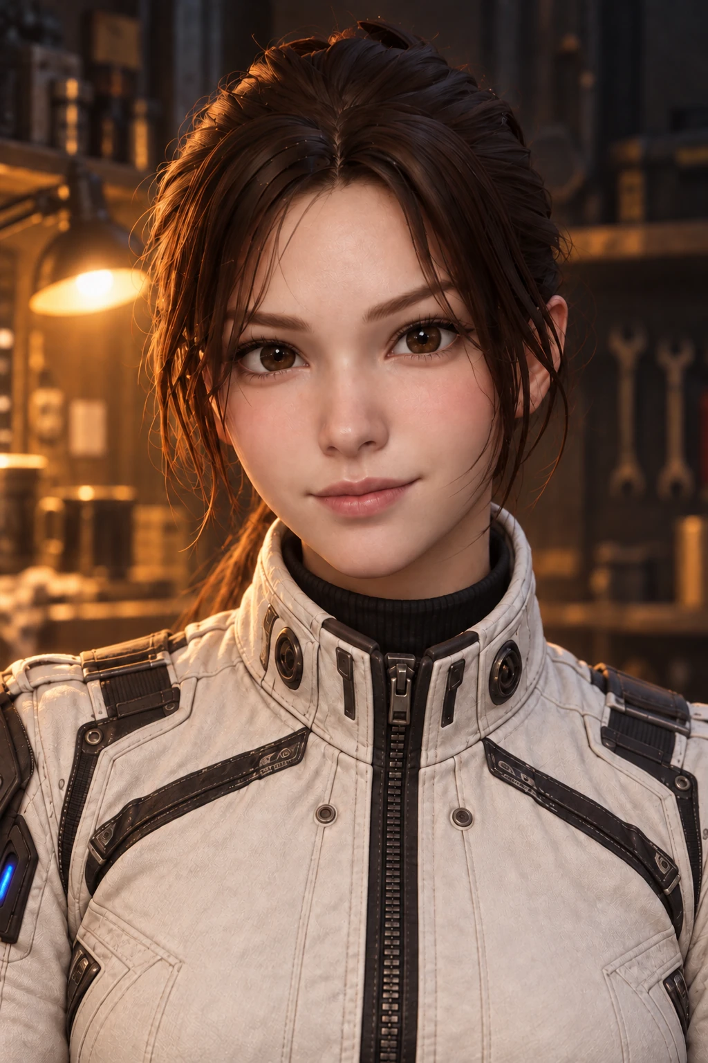 Mara, the shelter mechanic, in her white tactical jacket