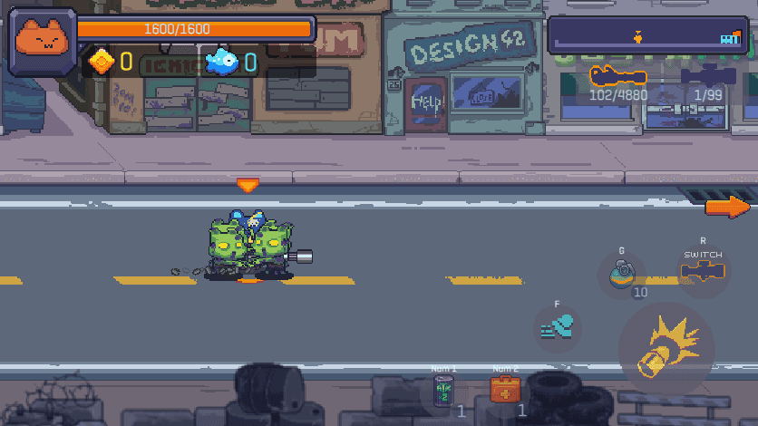 A pixel-art cat gunner faces green infected creatures in a sci-fi street; health and weapon indicators are visible.