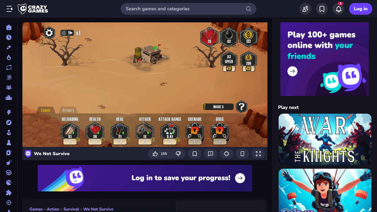 A shelter fires across a desert arena in We Not Survive; Wave 3, resource counters, and tower upgrades are visible.