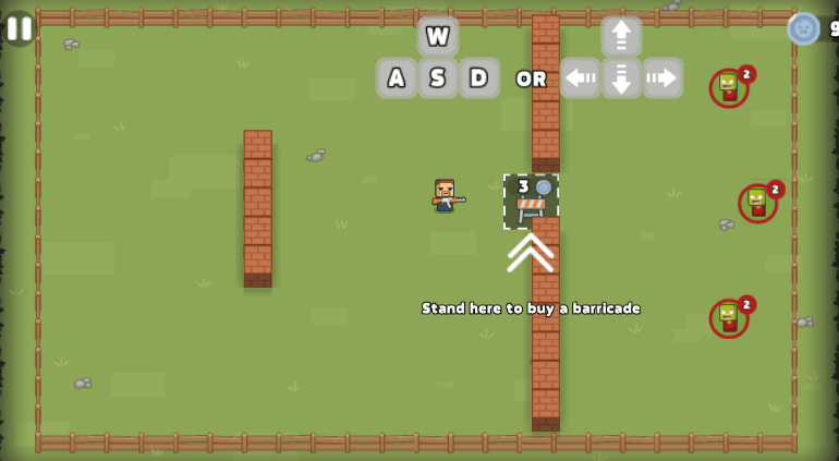 A pixel-art survivor stands inside a wooden perimeter beside build stations; the tutorial points to a barricade station.