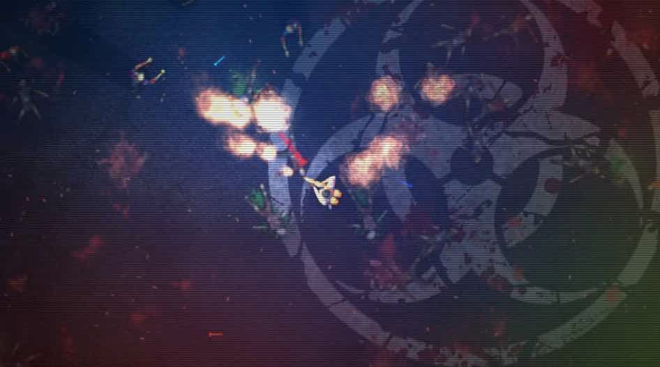 A top-down survivor fires amid surrounding enemies and bright explosions on a dark arena floor.