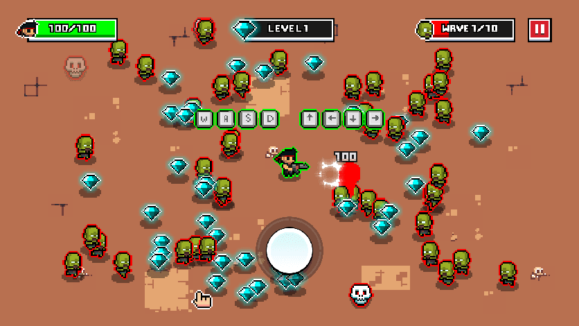A small survivor stands among green zombies and blue pickups in a top-down street scene; the HUD shows wave 1 of 10.