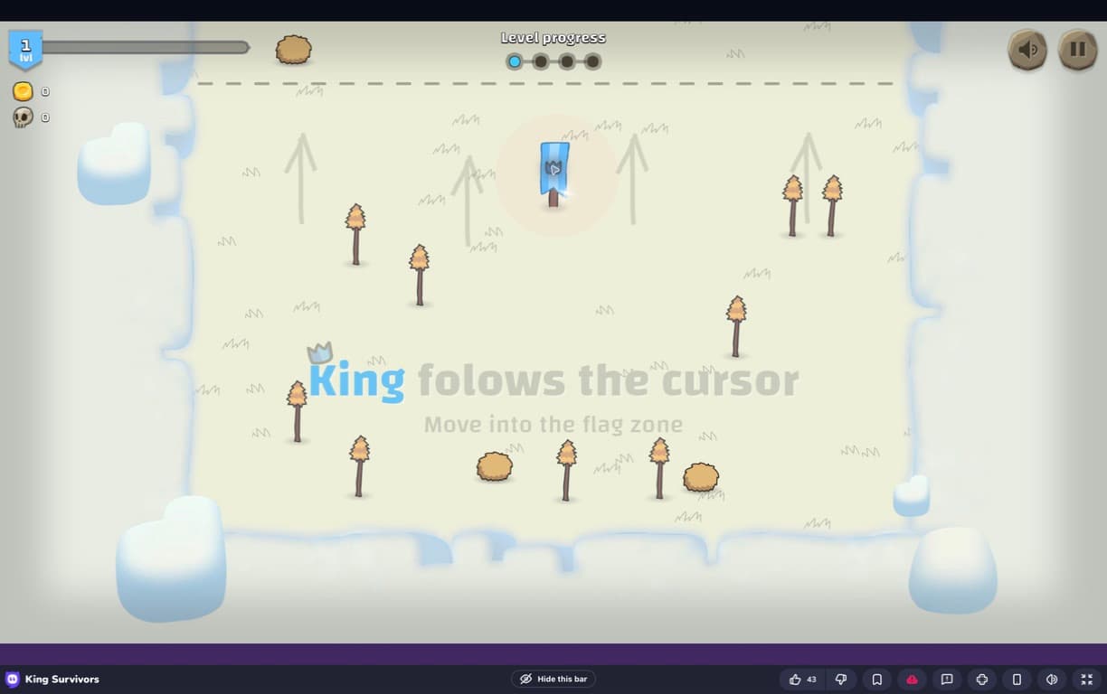 A blue flag marks the center of a pale arena; the Level 1 progress HUD and cursor-follow tutorial are visible.