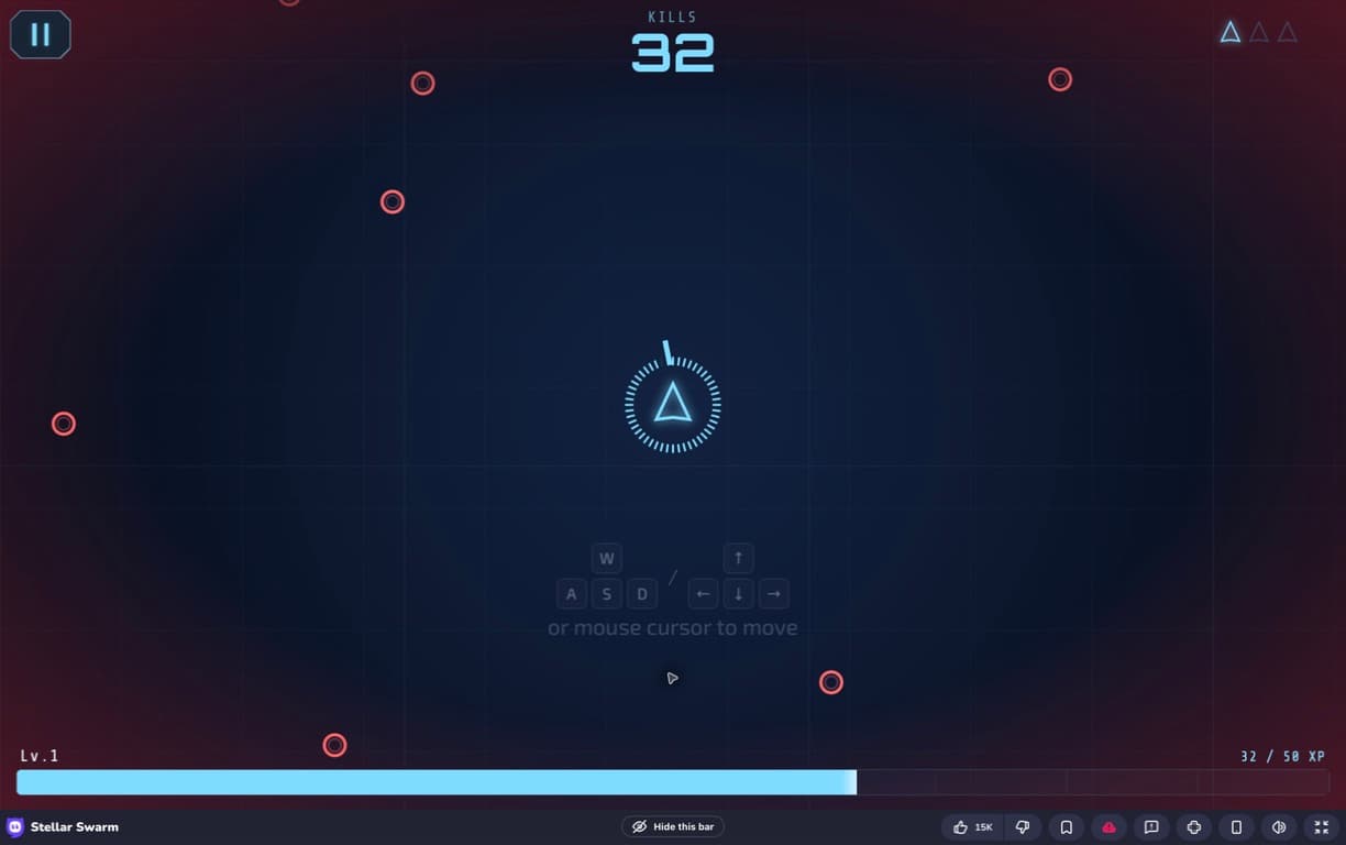 A neon triangular ship faces red-ring enemies; the HUD shows 32 kills, Level 1, and 32/50 XP.