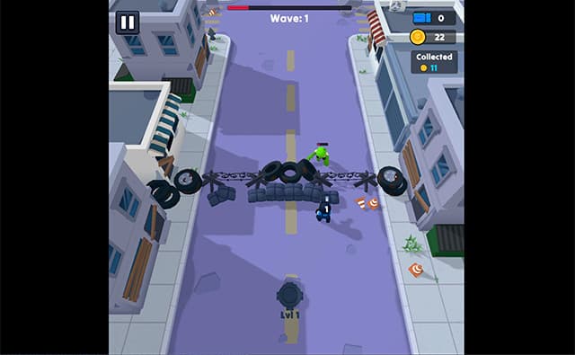 A soldier defends a city street from behind a tire barricade as a zombie approaches; the HUD shows Wave 1 and coin counters.