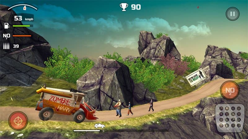 An armored orange vehicle approaches zombies on a rocky road; the HUD shows speed, ammunition, fuel, and a trophy score.