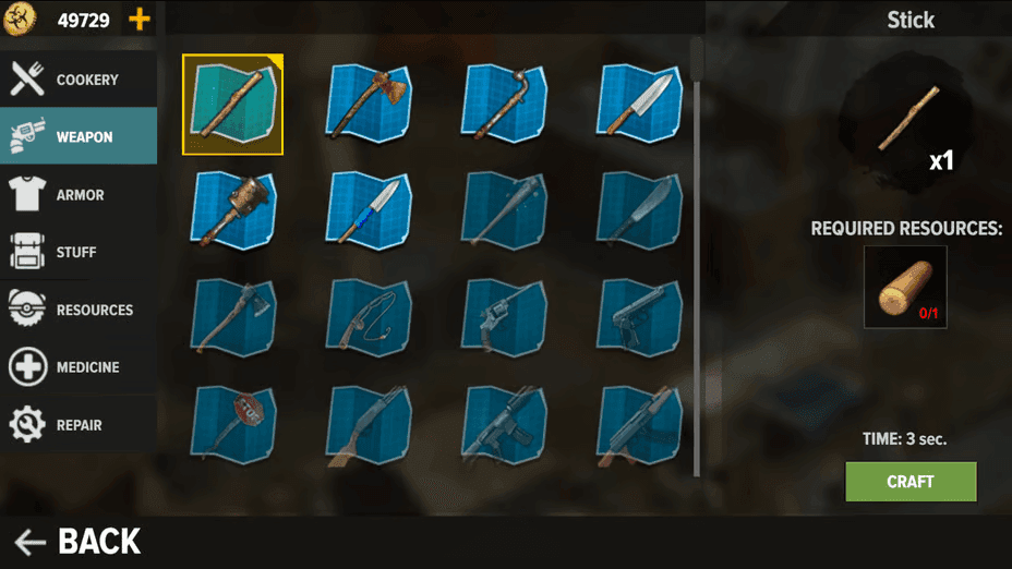 Dead Land: Survival's crafting screen shows weapon blueprints, a selected stick recipe, its required log, and a three-second craft timer.