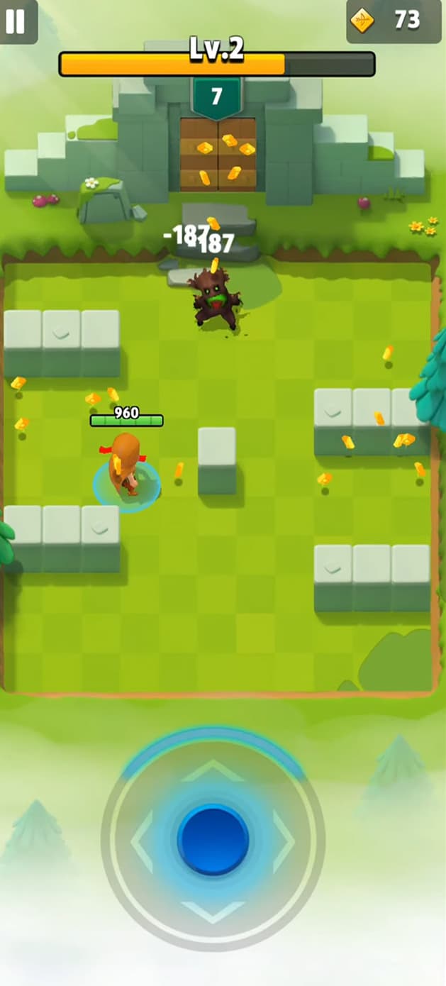 The Archero hero fights in a block-lined arena; the level bar, 960 health, 73 coins, and virtual joystick are visible.