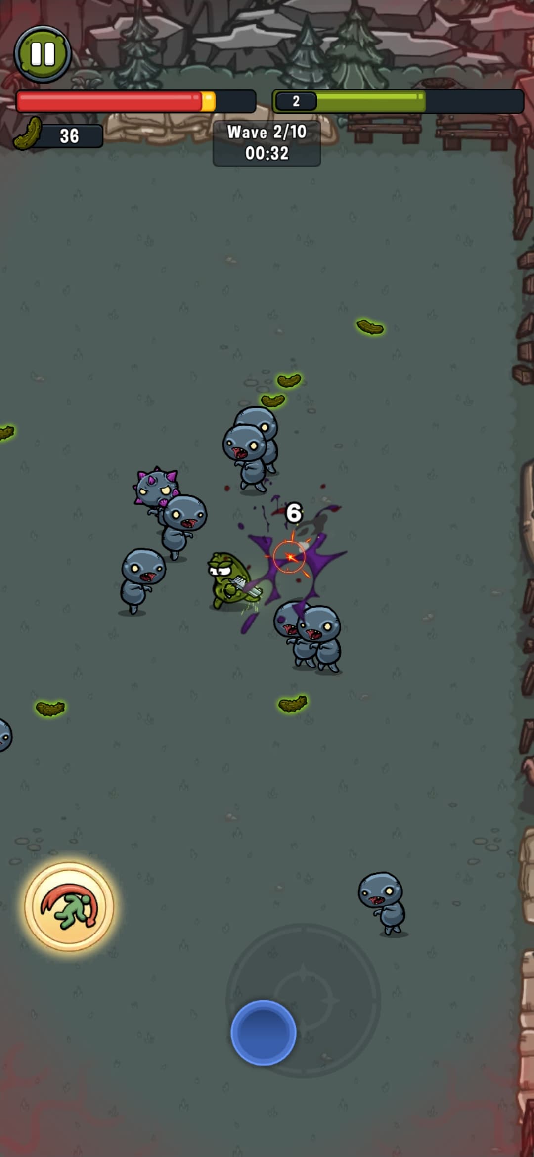 A pickle hero faces blue zombies in a fenced arena; the HUD shows Wave 2/10 at 00:32.