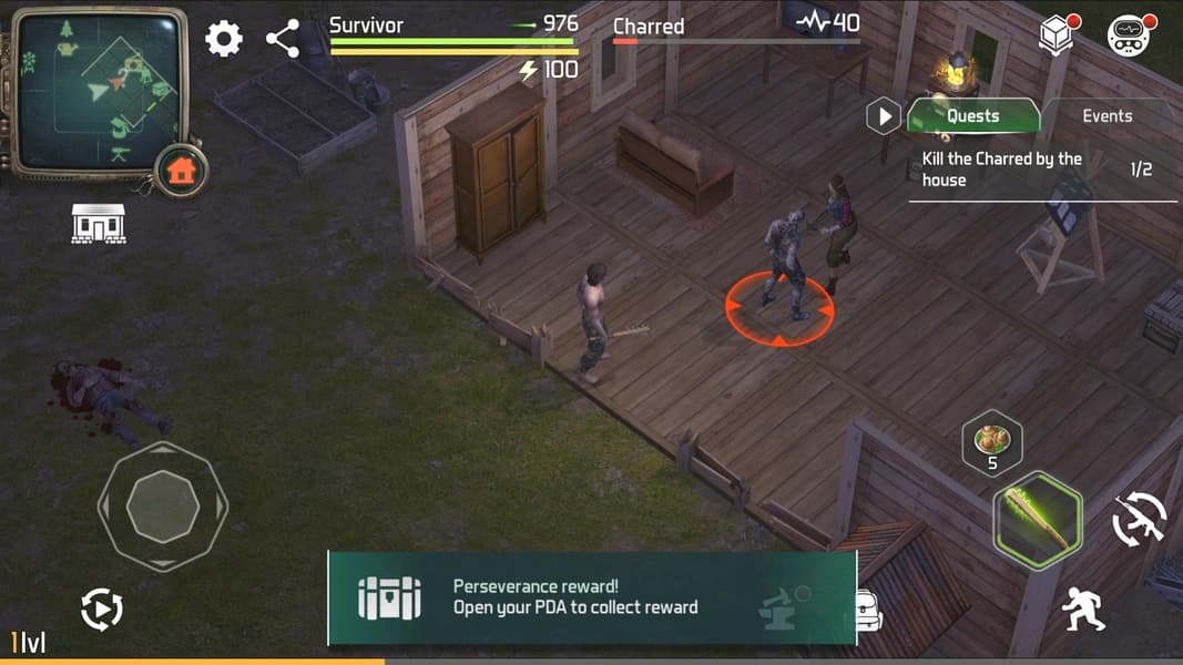 Dawn of Zombies: two survivors face a marked Charred enemy by a cabin; the quest, health bars, minimap, and action controls are visible.