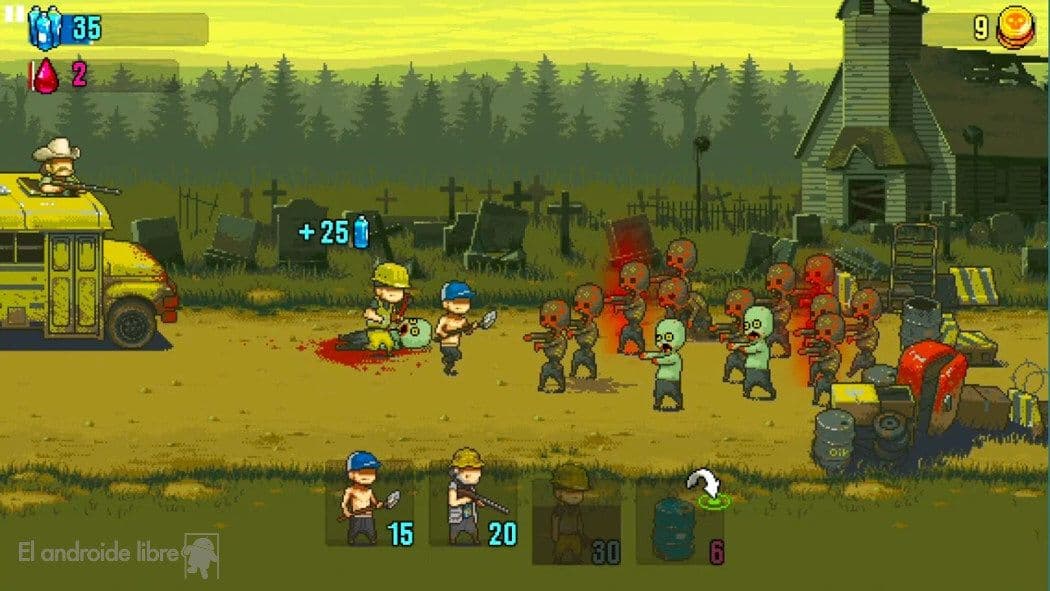 Dead Ahead: Zombie Warfare shows a squad defending a yellow bus from a zombie wave, with resource counters and unit deployment cards visible.