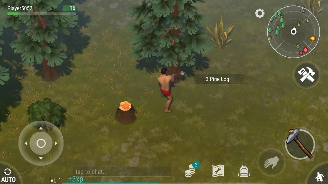 Last Day on Earth: Survival shows a survivor chopping a pine for +3 logs, with the level, minimap, and action controls visible.