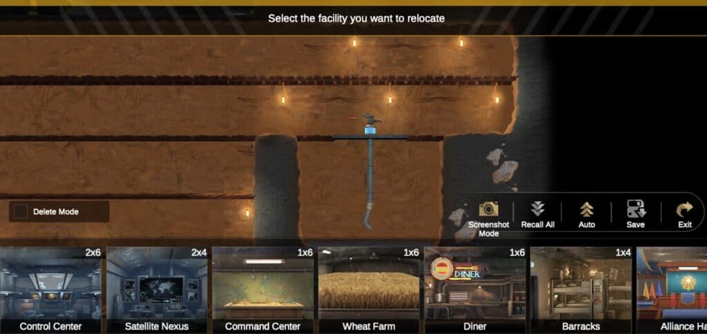 Last Fortress: Underground shows the facility relocation screen over its bunker, with room choices along the bottom.