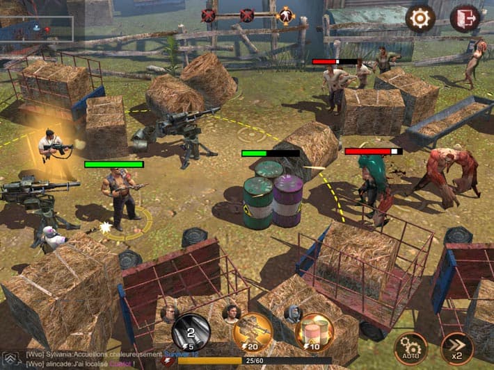 State of Survival shows survivor heroes holding a rural lane against infected, with health bars, ability icons, and auto-battle controls visible.