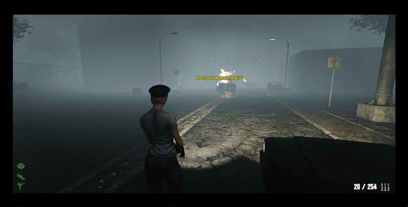 Dead Frontier 2: A survivor explores a foggy hospital road with a burning vehicle ahead and ammunition shown in the corner.