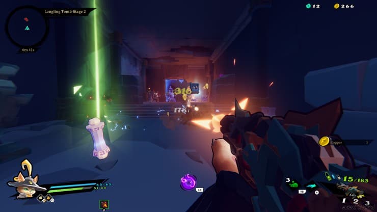 Gunfire Reborn: A rifle fires at tomb enemies beside glowing loot, with damage numbers and ammunition visible.