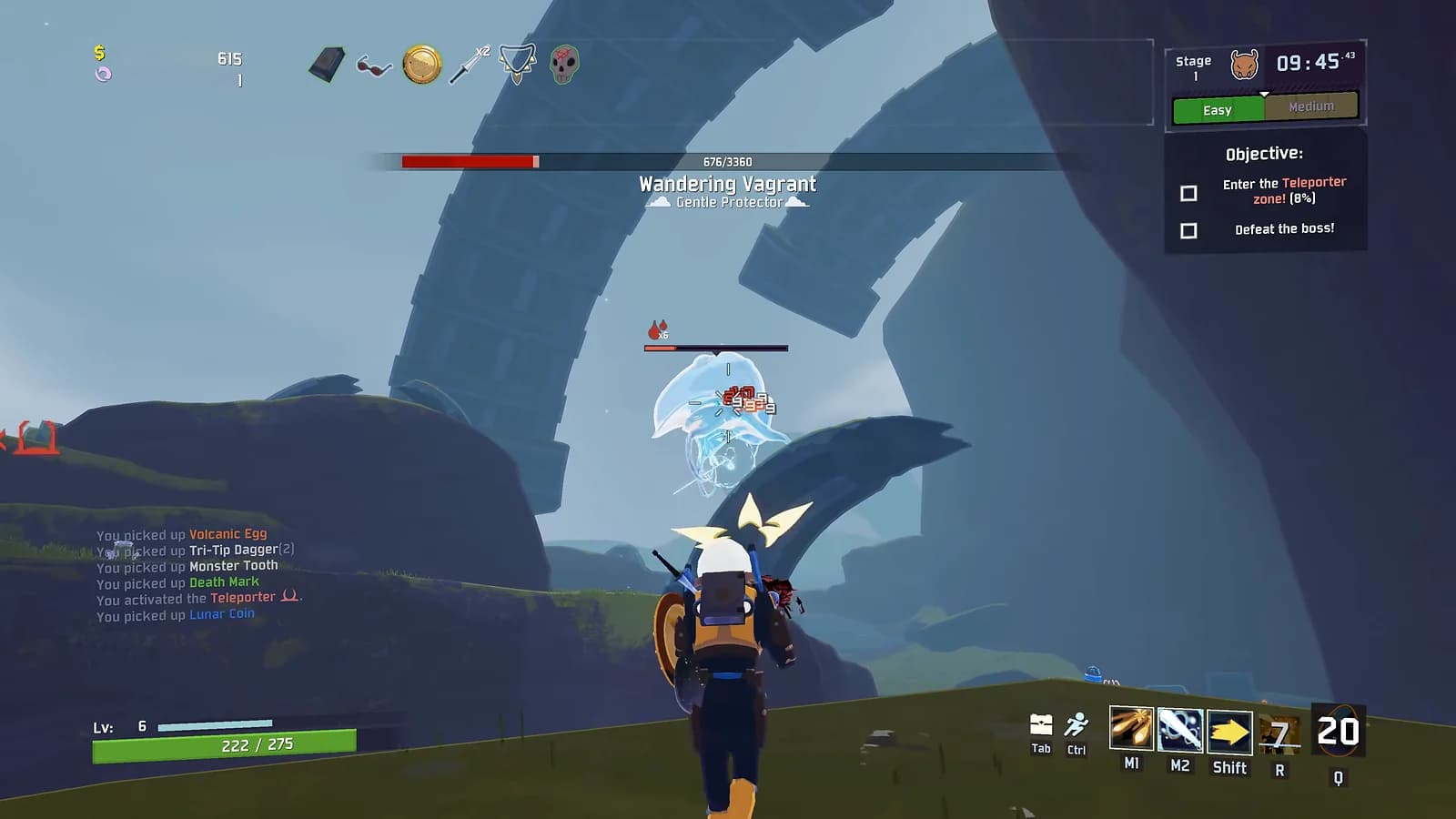 Risk of Rain 2: A survivor fires at the Wandering Vagrant boss, with the teleporter objective and collected items visible.