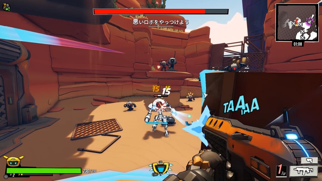 Roboquest: Robot combat in a rocky canyon, with health, ammunition and a minimap visible.
