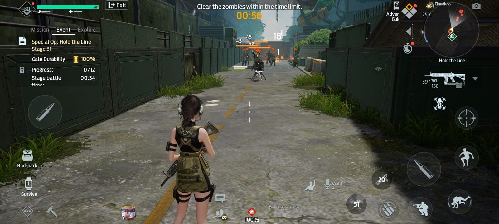 Undawn: A survivor faces zombies in the Hold the Line mission, with the countdown and touch controls visible.