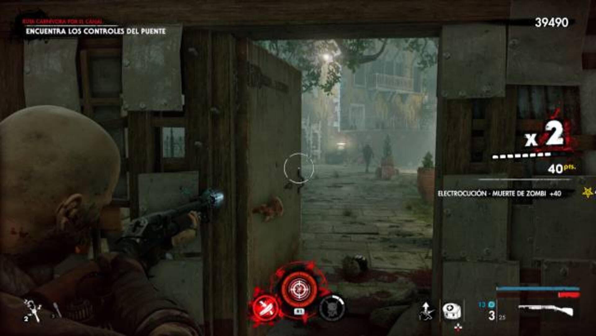 Zombie Army 4: Dead War: A survivor aims through a doorway at approaching zombies, with the combo counter and ammunition HUD visible.